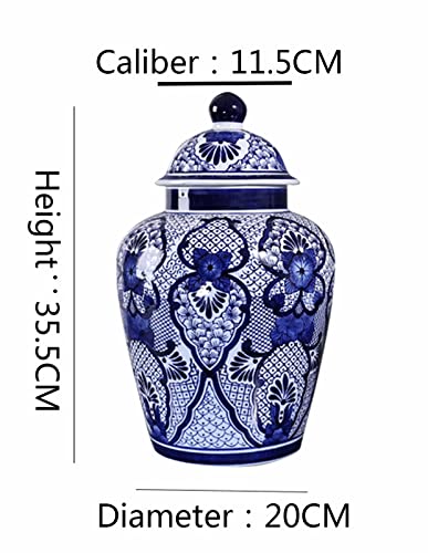 Blue And White Porcelain Ginger Jar With Lid, Handmade Chinese Porcelain Flower Vase For Home Décor, Centerpiece Table Decoration Floral Arrangement Antique Like Porcelain Decorative Jar (B) #TOP1