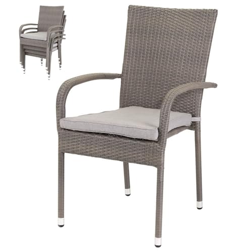LOLAhome Silla de ratán Resistente con Cojín Impermeable | Apilables y con Brazos | De ratán Gris Taupe | para Exterior, balcón, terraza y jardín | Marlene