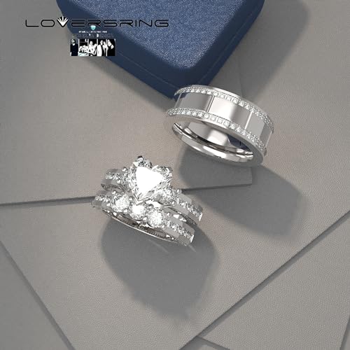 TWO RINGS Wedding Ring Sets His And Hers Promise Ring Couples Bridal Sets Women 925 Sterling Silver Red Heart Moissanite Man Titanium Wedding Bands4