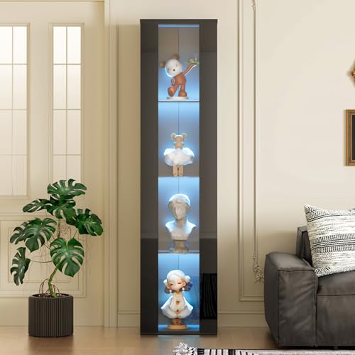 Merax Vitrina de Pie, Vitrina de Cristal con Iluminación LED, Aparador de Cristal con 3 Estantes, Luz LED de Cambio de Color, Control Remoto/Ajuste por App, Negro, 40x29x170 cm