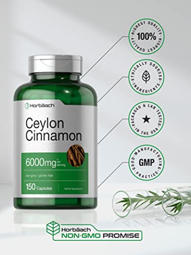 Ceylon Cinnamon Capsules | 6000 Mg | 150 Count | Non-Gmo & Gluten Free Pills | By Horbaach #TOP4