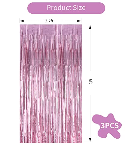 Image of 3Pcs Pink Metallic Tinsel Foil Fringe Curtains,3.28ft x 6.56ft Pink Photo Booth Backdrop Streamer Curtain,Photo Booth Props,Ideal Bachelorette Party Supplies,Birthday, Christmas,New Year Decorations