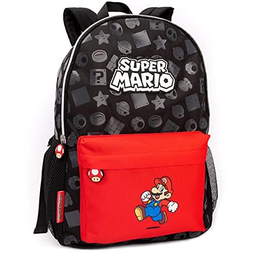 Super Mario Mochila Mario para niños y niñas | Mochila Nintendo escolar negra Toad Mushroom para niños | Bolsa Gamer Con Correas Ajustables