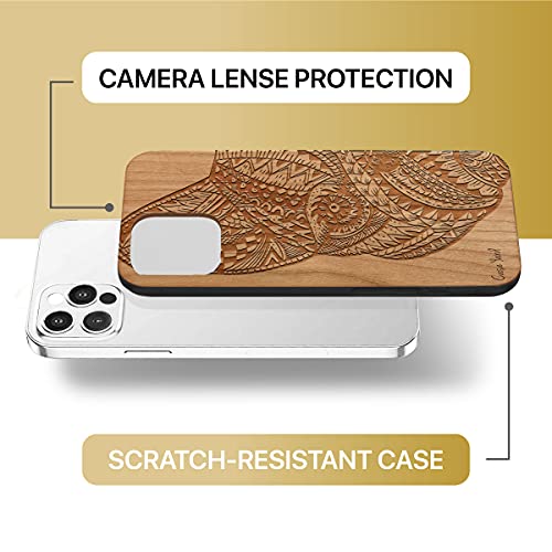 Caseyard Wood Phone Case For Iphone 12/12 Pro Laser Engraved Pug Face Design Cherry Wood Compatible Iphone Case Protective Shockproof Slim Fit Cell Phone Cover For Men & Women #TOP5