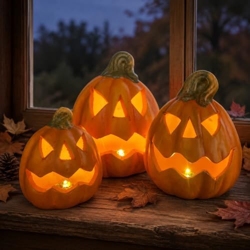Kürbis Deko Herbst 3er Set LED Timer – Halloween Kürbisse Terrako...