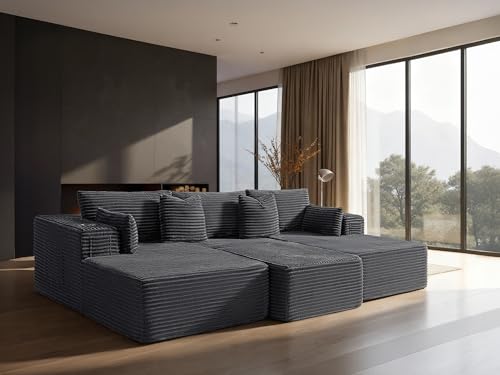 Image of 108 inch Cloud Sectional Couch, Comfort Sleep Sofa for Living Room, Extra Deep Seats No Assembly, Minimalist Modular Couch, Corduroy (Dark Grey, Widen Loveseat Chaise)