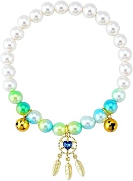 Cat Small Dog Pearl Collar for Pet Blue Pearls with Bell Diamonds Tassel Pendant Stretchable Pet Necklace for Kitten Puppy Weddings Birthday Party Charming Accessories Decorations