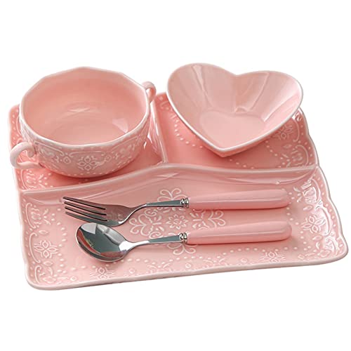 KWMAEEUID Juego de Cubiertos para porciones, Juego de bandejas para Servir de Color Rosa con Platos divididos, tazón de Sopa, Cuchara y Tenedor, Proceso de Relieve de cerámica - 5 Piezas
