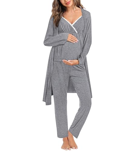 Image of SWOMOG Maternity Nursing Robe Set 3 Piece Breastfeeding Pajamas 3 in 1 Labor Delivery Sleevless Tops&Long Pants Pregnancy Pjs