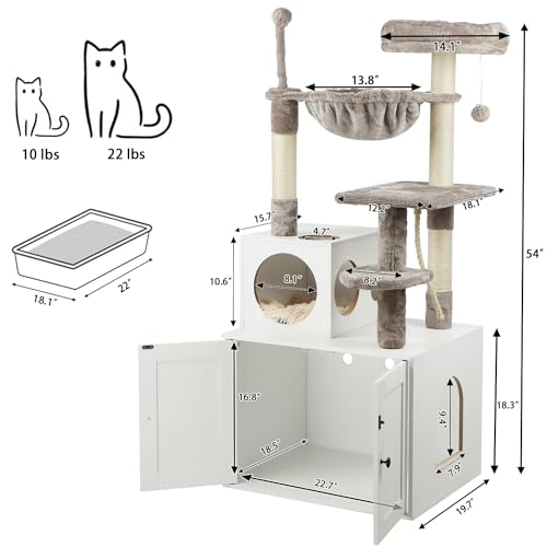 Timberer Cat Tree with Litter Box Enclosure, 2-in-1 Cat Tower for Indoor Cats, Large Cat Furniture, Wood Cat Condo with Basket, Scratching Posts, Pompoms, White