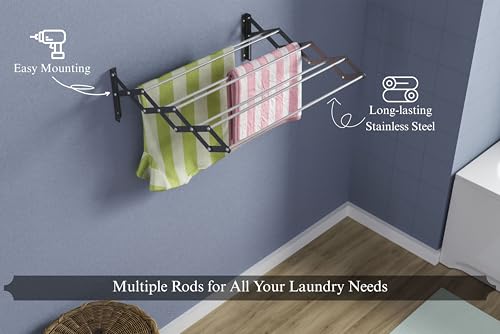 Image of UNOBRIGHT Foldable Wall Mounted Clothes Drying Stand | Heavy Duty Rust Free Stainless Steel Multi Rod Laundry Rack | 3 Feet, 7 Rods | Space Saving for Balcony, Bathroom & Laundry Room