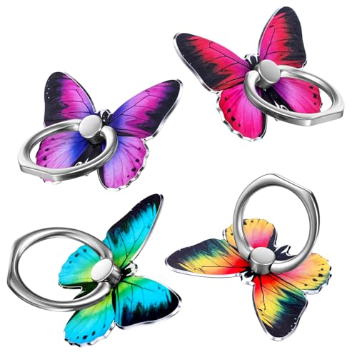 BOHUIZ 4 PCS Butterfly Cell Phone Ring Stand Holder, Cute Butterfly Ring for Phone Case 360°Rotation Phone Ring Holder Stand Ring Hand Grip with Knob Loop for All Smartphones Tablet