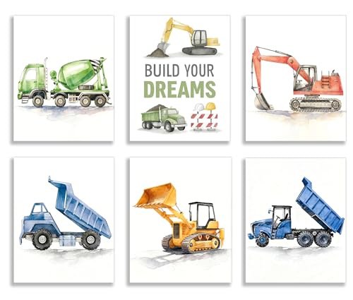 Image of Frimeeme Construction Vehicle Canvas Decor, Set of 6, 8x10 Inch | Boys Truck Wall Art, Watercolor Playroom Pictures, Unframed