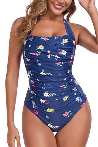 Image of Smismivo Tummy Control Swimwear Halter One Piece Slimming Vintage Retro Swimsuit Womens Ruched Push Up Bathing Suit