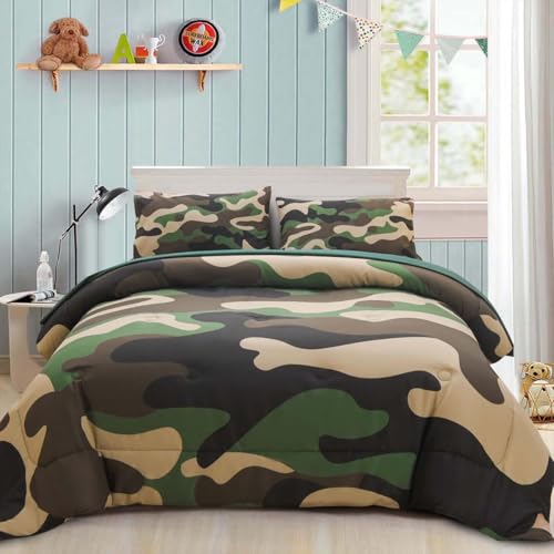Holawakaka Twin Size Camouflage Bedding Comforter Set with Sheets, Boys Girls Men Camo Bed in A Bag 5 Pieces,Kids Teens Dorm Bed Sets Neutral Farmhouse Lodge Cabin Army Bedspread (Army Green, Twin)