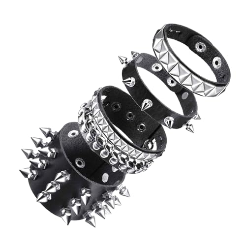 Aufordebatis Emo Y2K Indie Grunge Studs Spiked Bracelet Goth Jewelry Accessories for Cool Rocker Skater Biker, 4 Pieces Men Punk Black PU Leather Cuff Bracelets Set