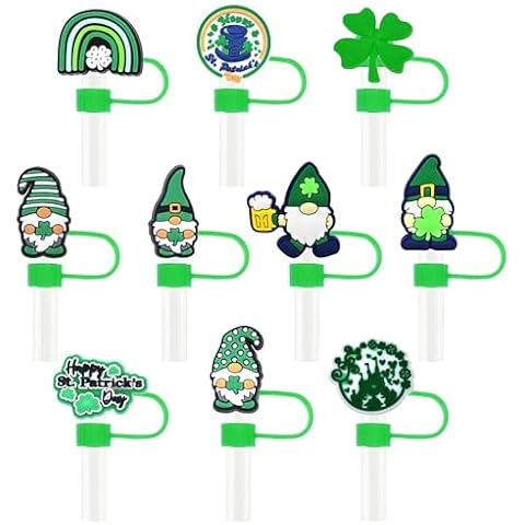YEALQUE 10mm 0.4in Straw Covers,10PCS St Patricks Day PVC Straw Toppers, Straw Cover Caps Compatible with 30&40 Oz Tumbler with Handle, Reusable Drinking Dust Proof Straw Tips Lids Party Favor Gifts Cover