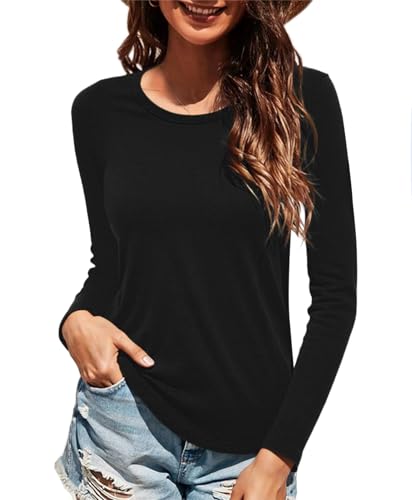 Image of Wayleb Long Sleeve T Shirts Women Crew Neck Fitted Lightweight Top Black