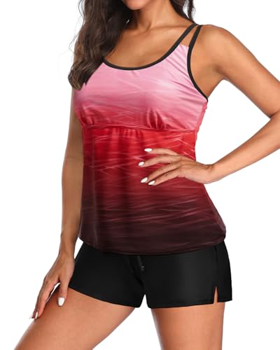 Image of Tempt Me Two Piece Tankini Swimsuits for Women Tummy Control Bathing Suit with Shorts Athletic Two Side Pockets Swimwear