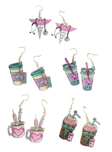5 Pairs Nurse Week Acrylic Earrings Featuring Stethoscope Nurse Fuel Drink Designs, Healthcare Theme Jewelry for Nurses Hospital Staff Appreciation Gifts