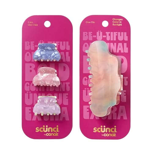 Scunci by Conair Colorful Novelty Claw Clips 4PK, Large Color‑Changing Hair Clip & 3 Mini Two‑Tone Hair Clips, Fun Durable Hair Clips for Women, For All Hair Types & Daily Styling, Multicolor