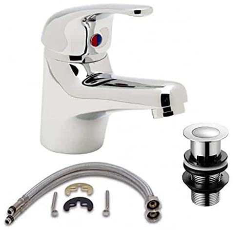 Image of Bathroom Mono Basin Mixer Tap With Round Brass Spring Plug Push Button | Single Lever Tap Including Fittings & Slotted Spring Waste - Brass Polished
