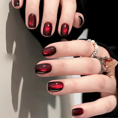 Auroriel 30 Piezas Uñas Postizas Press on Ojo de Gato Cortas Forma Coffin Rojo Oscuro Negro Brillante Reutilizables Soft Gel Uñas Falsas Bling Uñas Autoadhesivas para Muj