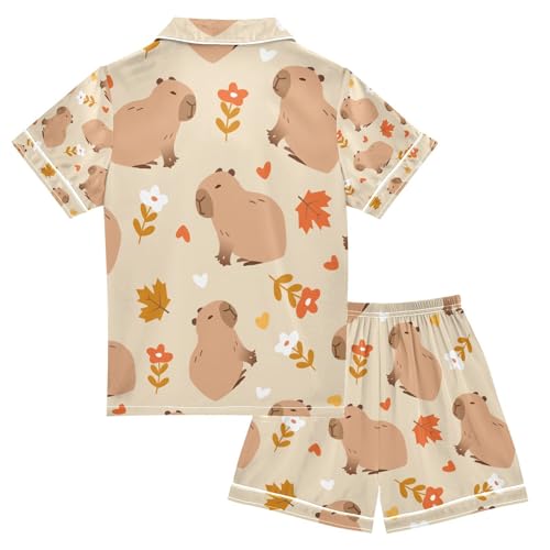 senya Funny Capybara Daisy Satin Summer Pajama Sets Silk Short Sleeve Button Down Sleepwear2