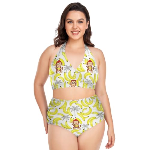 Bikini maillot de bain 2 pièces réglable singes et bananiers Taille Plus pour femme