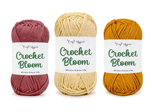 Image of Craft Affair | Crochet Bloom Cotton Yarn 8ply (Each Color 2mm, 77Meter, 50Gram) 100% Pure Cotton | for Knitting Yarn | Craft & DIY Project: Rosewood, Beige, Sand