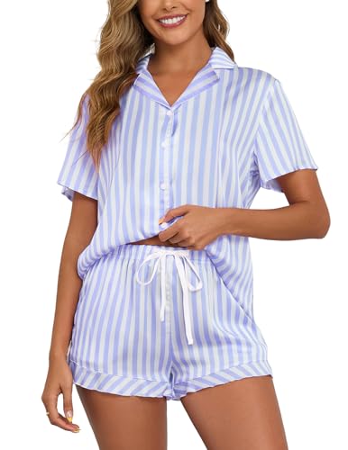 Image of Veseacky Women Satin Pajamas Set 2 Piece Button Down Short Sleeve Soft Sleepwear with Pockets