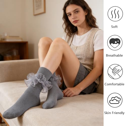 Image of Women Big Ruffle Ankle Socks Adult Double Lace Frilly Socks Fold Cuff Cotton Ruffled Dress Crew Bobby Bride Sock