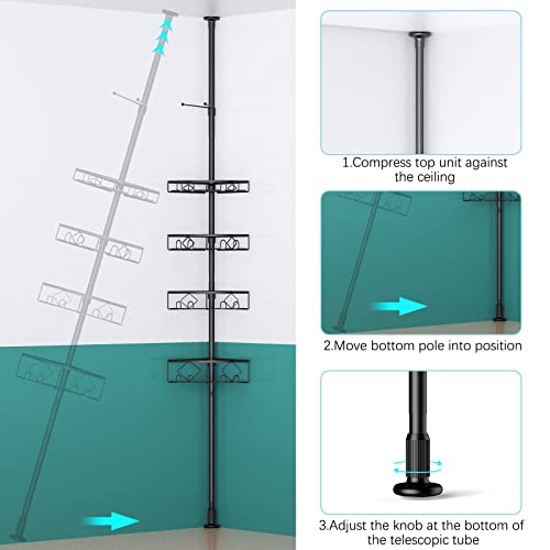 Kadolina Corner Shower Caddy Tension Pole, 4 Tier Shower Basket Shelves, 53-120 Inch Adjustable Height Shower Storage Rack, Bathroom Bathtub Shampoo Holder Organizer Shower Accessories (Black) #TOP4