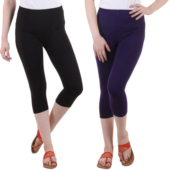 Image of DIAZ Women Cotton Stretchable Capri | Slim /Regular Fit | Breathable Yoga, Gym & Lounge Wear | Mid-Waist Stretchable 3 /4 Length Leggings with Wide Waistband - Pack of 1