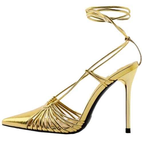 YIYA Women's Metallic Gold Closed Pointed Toe Slingback Sandals Lace-Up Strappy Stiletto High Heels Wedding Party Dress Pumps