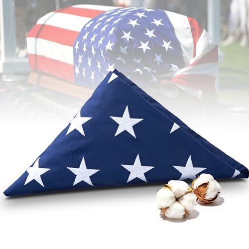 Memorial American Flag 5x9.5 ft 100% Heavy Duty Cotton Burial Casket Flag for Veteran Military with Embroidered Stars Sewn Stripes Brass Grommets for USA Display Case (Flag not Pre-Folded)