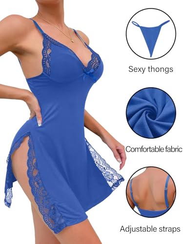 Image of Foxiny Sexy Split Side Floral Lace Trim Full Slip Night Gown Babydoll Lingerie Dress with Thong 2 piece