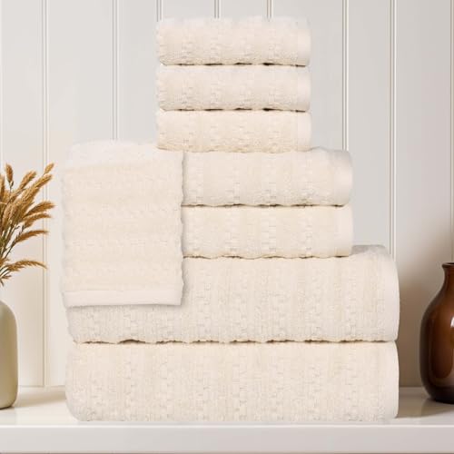 SUPERIOR Zuma Zero Twist Cotton Medium Weight Towels, for Guest Bath, Bathroom, Shower, Spa, Plush Towels, Bath Essentials, Waffle Textured Stripes, 8 Piece Assorted Towel Set, Ivory