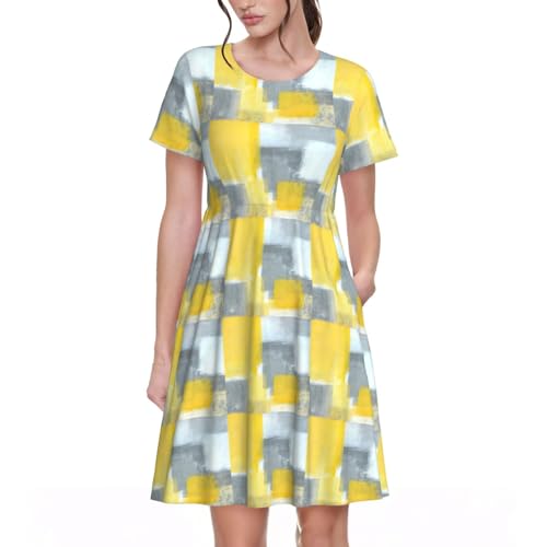 Robe d'été décontractée anti-chaleur à manches courtes gris et jaune