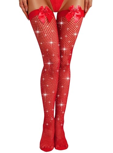 RSLOVE Bas Autofixants pour Femme Collants Résille Jarretelles avec Nœud Rouge Taille Unique