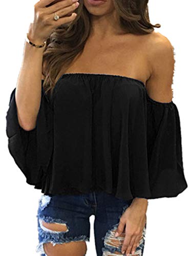 FORUU womens Tops & Tees Women's Long Sleeve Sexy Pullover Off Shoulder Casual Blouse Medium Z_9982 Black