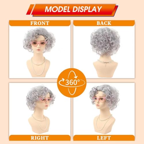 Image of Women Roper Curly Old Lady Grey Cosplay Wig with Necklace Earrings and Sunglasses for Women Hallween Costume Wig