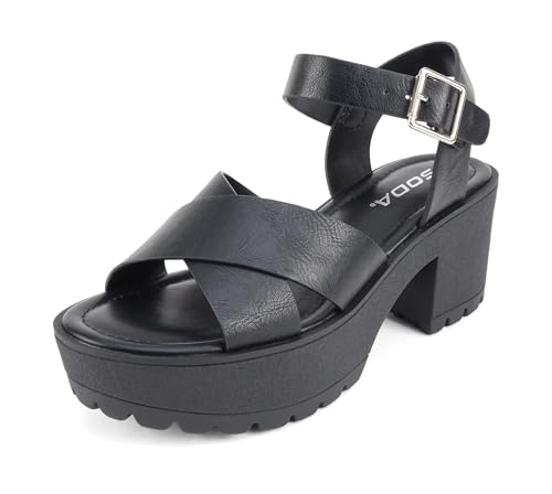 Soda “Joey” ~ Women Open Toe Criss Cross Strap Mid Heel Sandal with Adjustable Ankle Strap (Black Pu, 10) by Soda - Used condition - Image 2