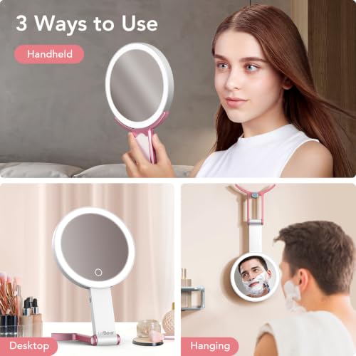 Image of LitBear Travel Makeup Mirror with Lights, Rechargeable Double-Sided 10X /1X Magnifying Mirror, Portable Lighted Beauty Mirror, 3 Color Lighting, Dimmable Touch Screen, Tabletop Handhold Hanging (White)