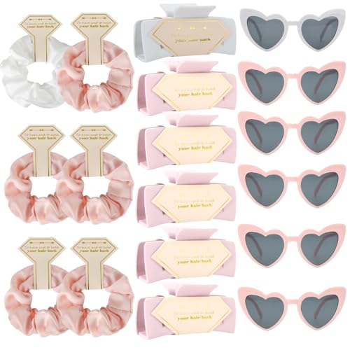 Tethzeng Bridesmaid Scrunchies Proposal Gifts Bachelorette Hair Claws Clips women heart sunglasses for Wedding Party Favors (White,lightpink 18pcs)