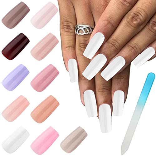 Artquee Press on Nails 264pcs 11 Colors Medium Long Square Light Pure Color Glossy Acrylic Artificial Fake Nail File Full Cover False Tip Art DIY Multicolor Sets Manicure for Women and Girl Decoration