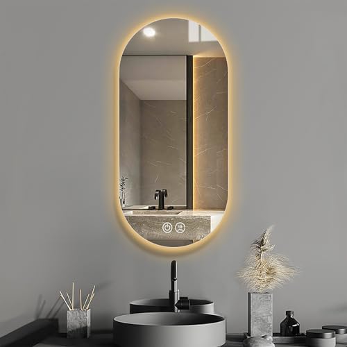 SXFSDOU Anti-Fog Dimmable Bathroom Mirror, Oval Backlit Explosion Proof 40in Frameless Wall Mirror with 3 Color Lights