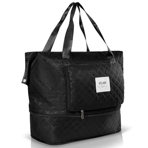 Velare Quilted Foldie Travel Bag – Expandable TSA Approved Carry On Luggage 22x14x9, Weekender Bag for Women, Waterproof Foldable Tote, Overnight Travel Shoe Bag, Fits Under Seat & Overhead Bin, Black