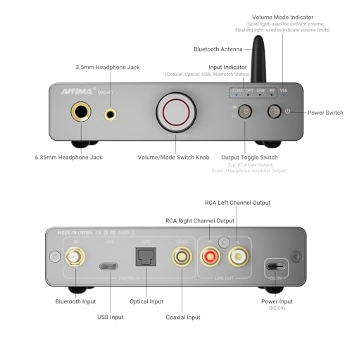 Image of AIYIMA DAC A7 Mini Desktop Bluetooth DAC, USB C Digital to Analog Audio Converter for Home Stereo Amplifier,3.5mm | 6.35mm Dual Headphone Jacks, Optical /Coaxial Input, RCA Output