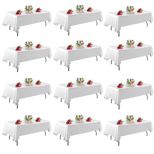 FINDYOU 12 Pack White Table Cloth Rectangle Table 60 x 102 Inch Tablecloths for 6 Foot Rectangle Tables. Stain and Winkle Resistant Polyester Washable White Cloths for Parties